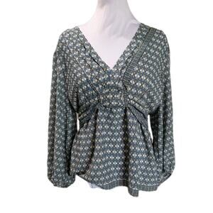 Max Studio Womens Size Large Boho Geometric Peasant Blue Top Shirt Cottagecore